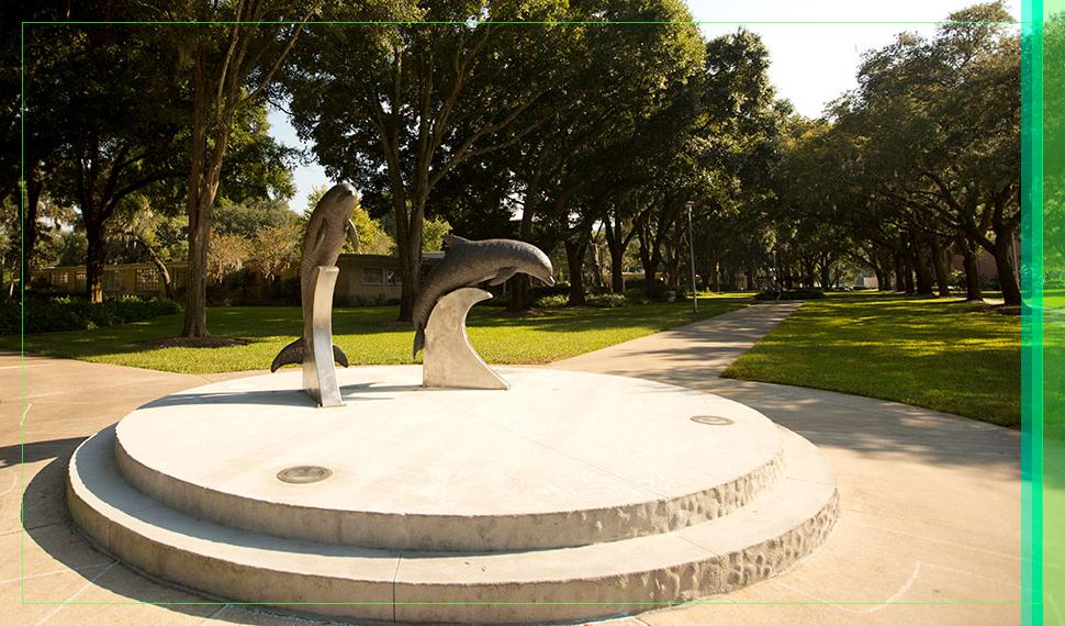 A sunlit picture of the dolphin statues behind the Howard Administration Building.